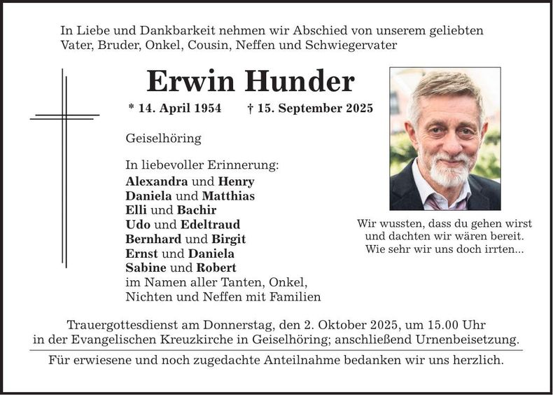 Traueranzeige Erwin Hunder