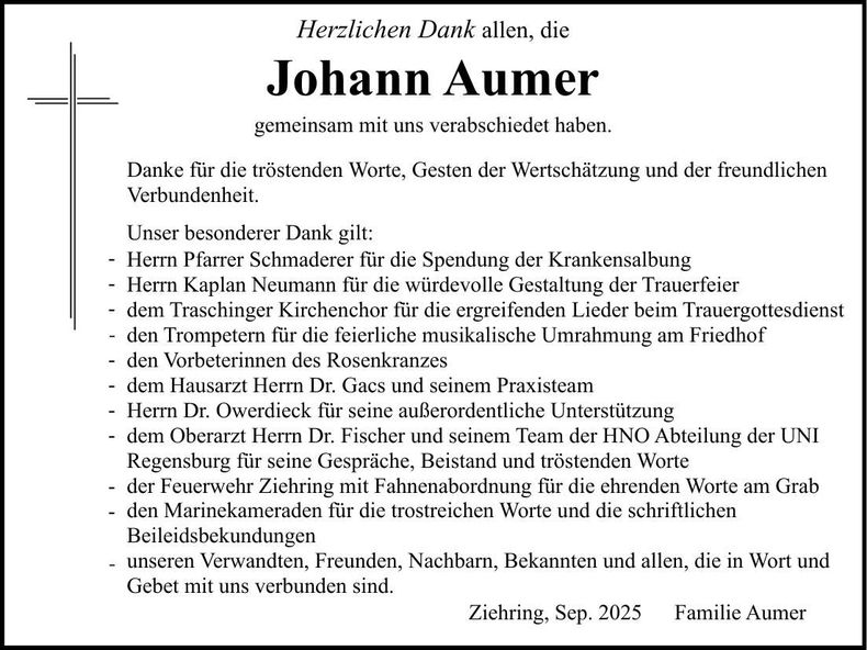 Traueranzeige Johann Aumer