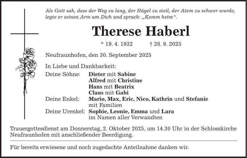 Traueranzeige Therese Haberl