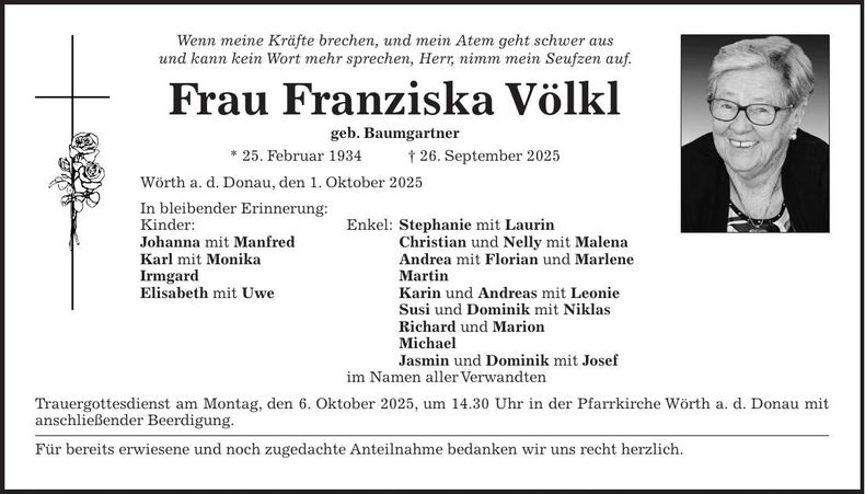 Traueranzeige Franziska Völkl