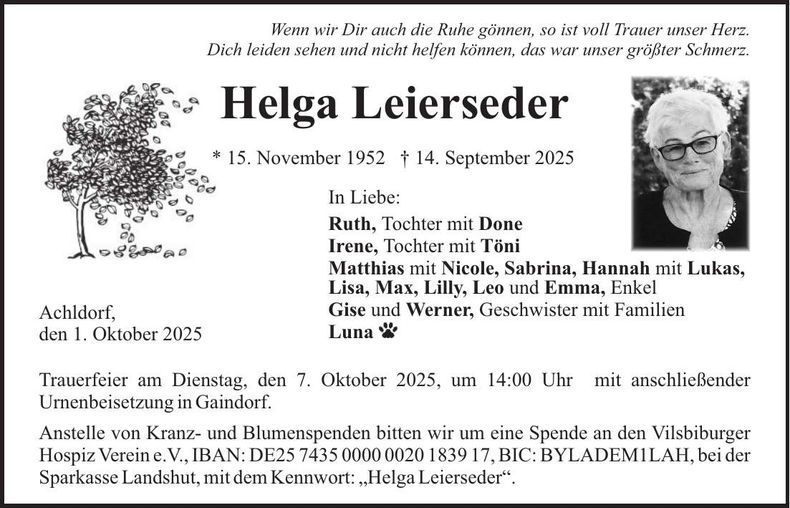 Traueranzeige Helga Leierseder