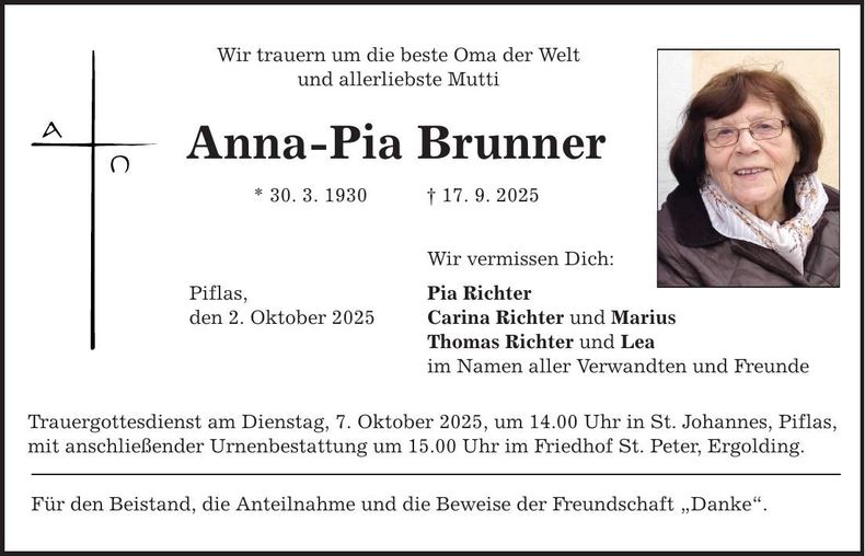 Traueranzeige Anna-Pia Brunner
