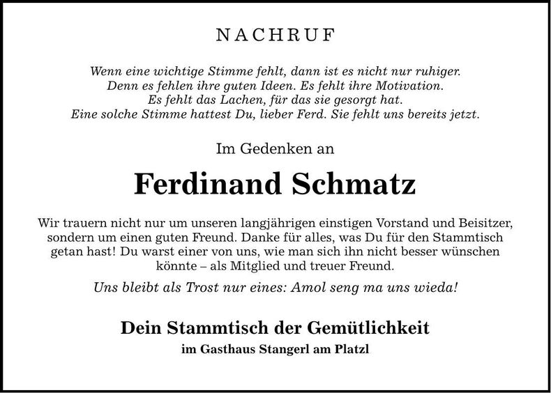 Traueranzeige Ferdinand Schmatz