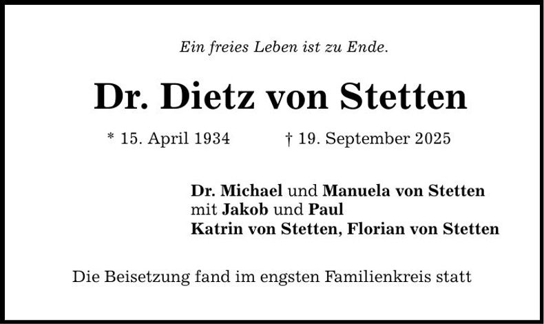 Traueranzeige Dietz von Stetten
