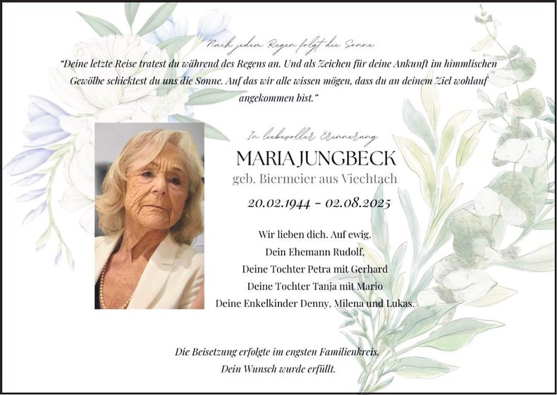 Traueranzeige Maria Jungbeck