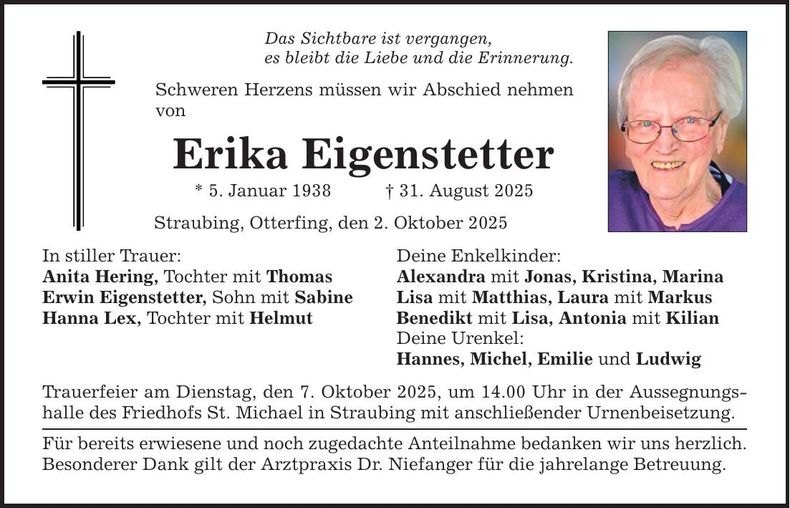 Traueranzeige Erika Eigenstetter