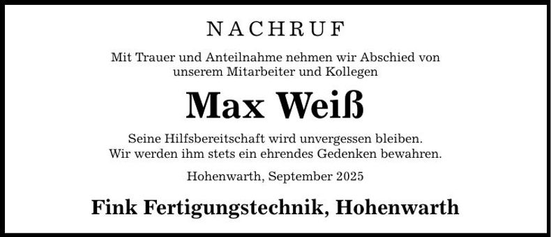 Traueranzeige Max Weiß