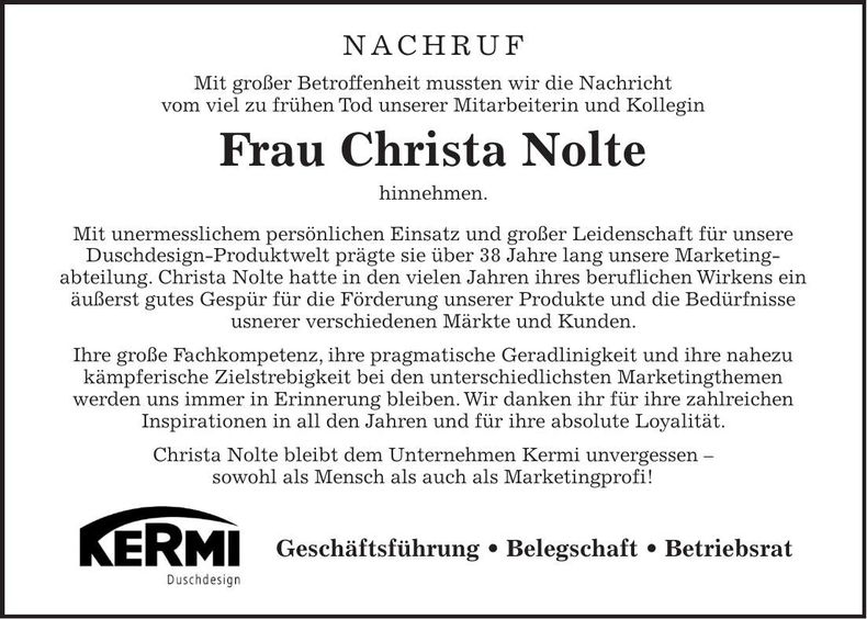 Traueranzeige Christa Nolte