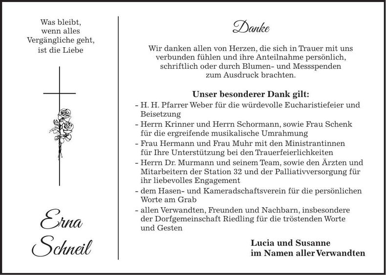 Traueranzeige Erna Schneil