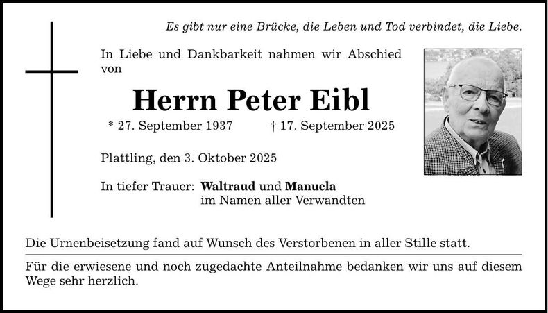 Traueranzeige Peter Eibl