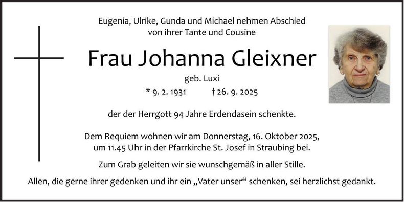 Traueranzeige Johanna Gleixner