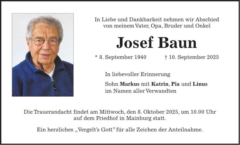 Traueranzeige Josef Baun