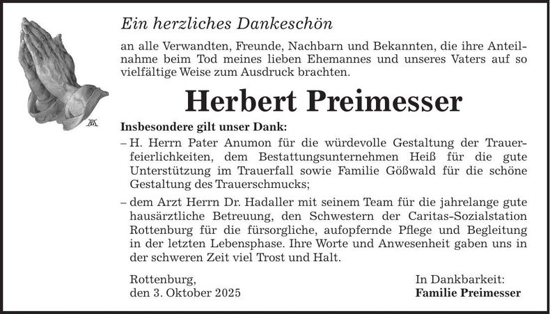 Traueranzeige Herbert Preimesser