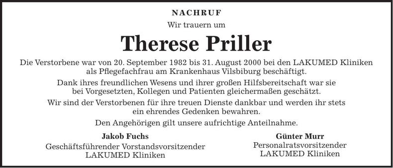 Traueranzeige Therese Priller