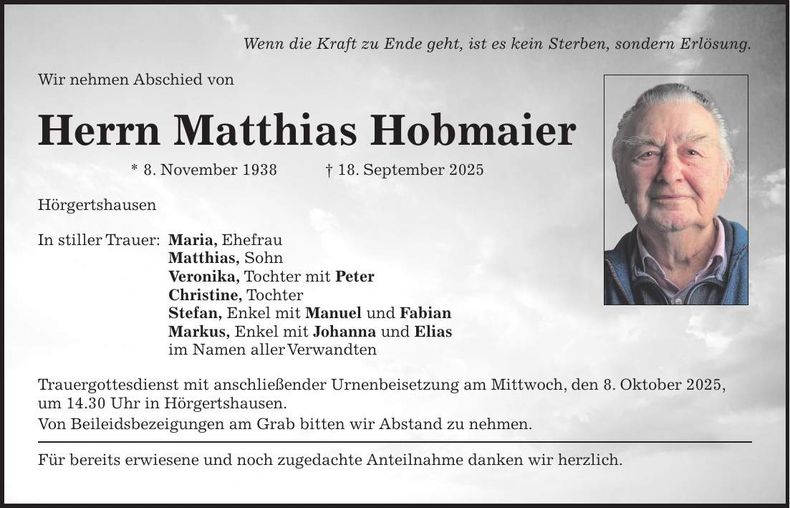 Traueranzeige Matthias Hobmaier