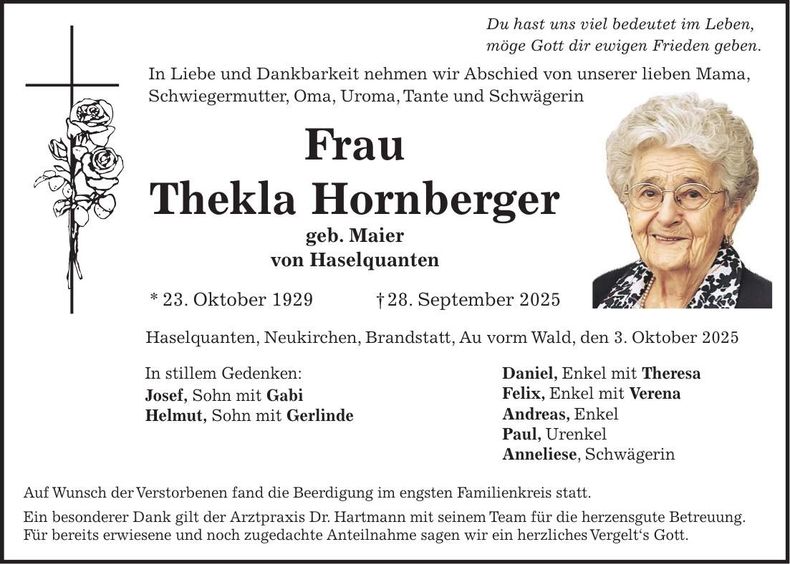 Traueranzeige Thekla Hornberger
