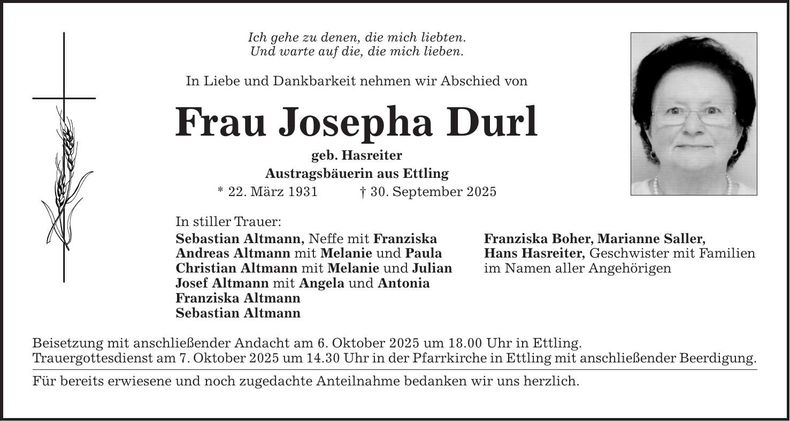 Traueranzeige Josepha Durl