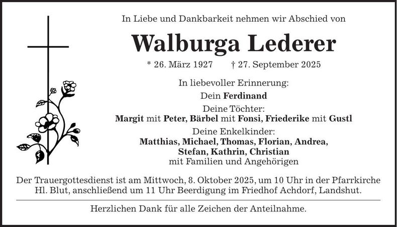 Traueranzeige Walburga Lederer