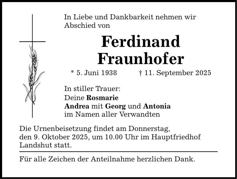 Traueranzeige Ferdinand Fraunhofer