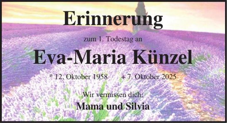 Traueranzeige Eva-Maria Künzel