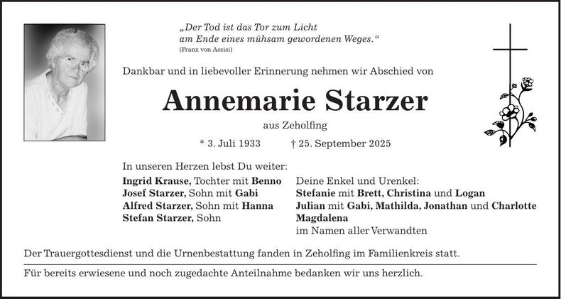 Traueranzeige Annemarie Starzer