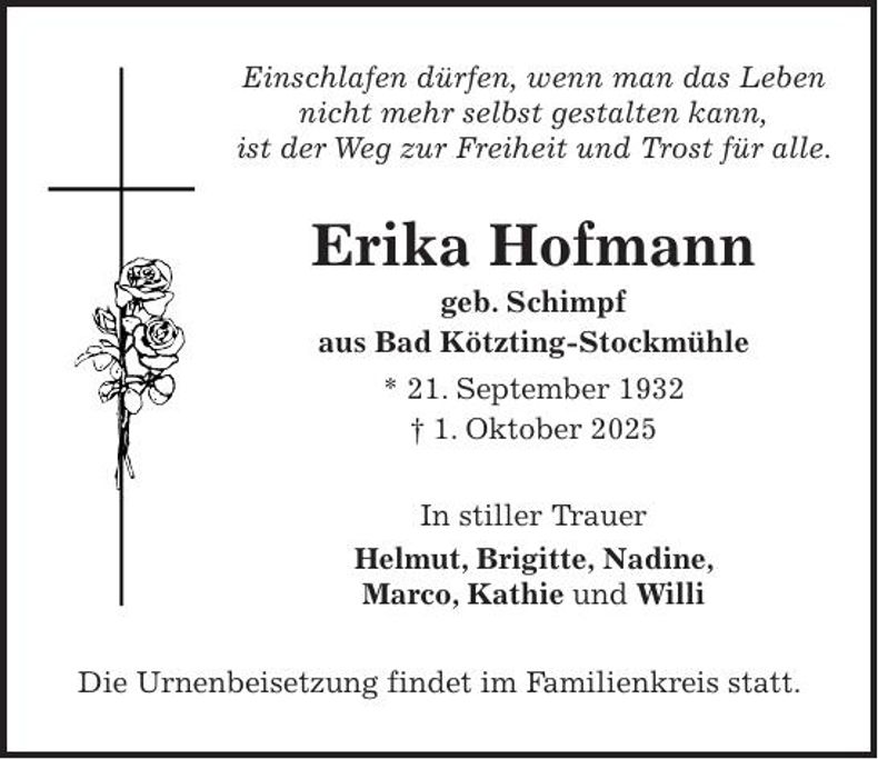 Traueranzeige Erika Hofmann