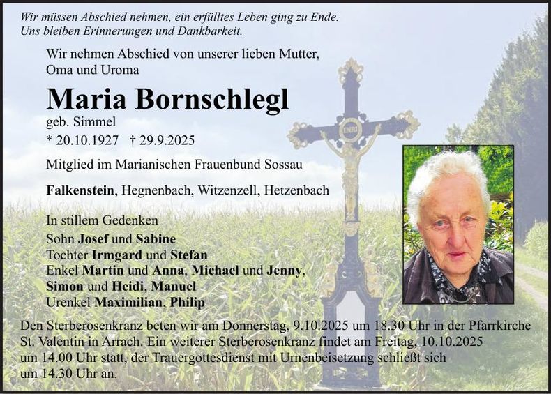Traueranzeige Maria Bornschlegl
