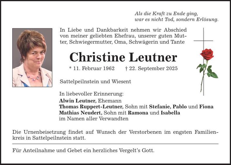 Traueranzeige Christine Leutner