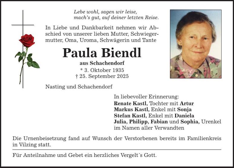 Traueranzeige Paula Biendl