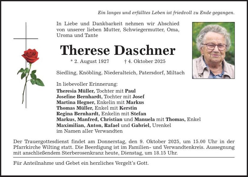 Traueranzeige Therese Daschner