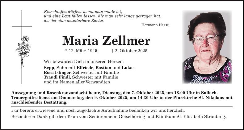 Traueranzeige Maria Zellmer