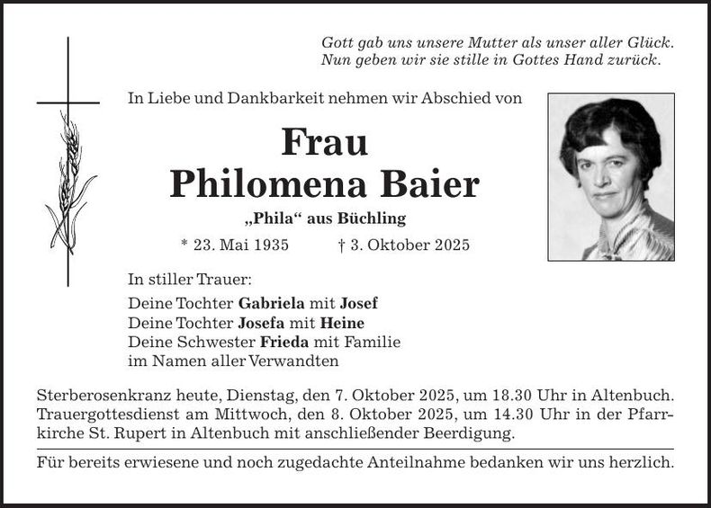 Traueranzeige Philomena Baier