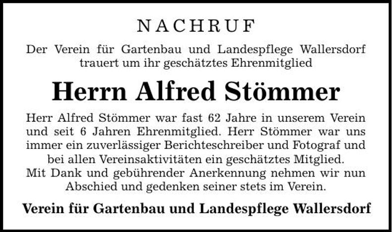 Traueranzeige Alfred Stömmer