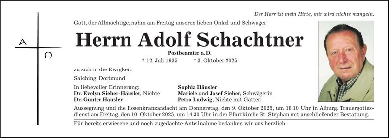 Traueranzeige Adolf Schachtner