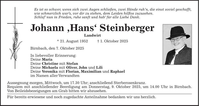 Traueranzeige Hans Steinberger