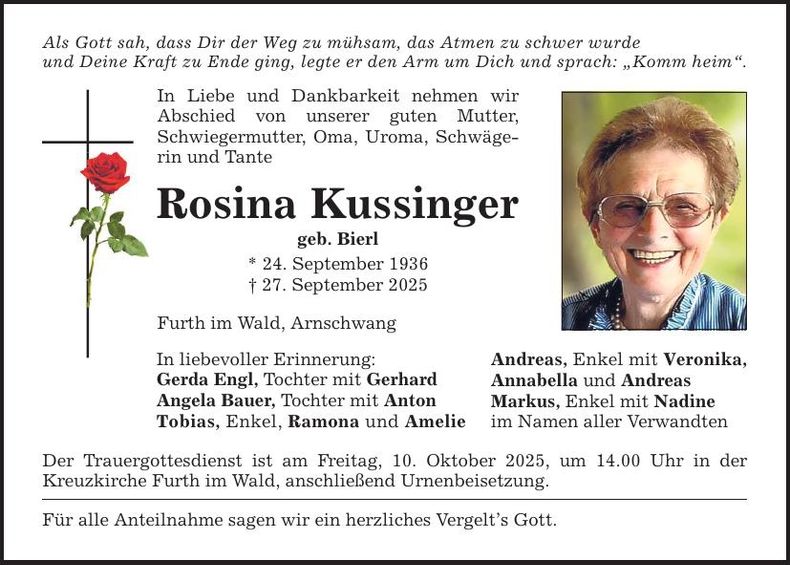 Traueranzeige Rosina Kussinger