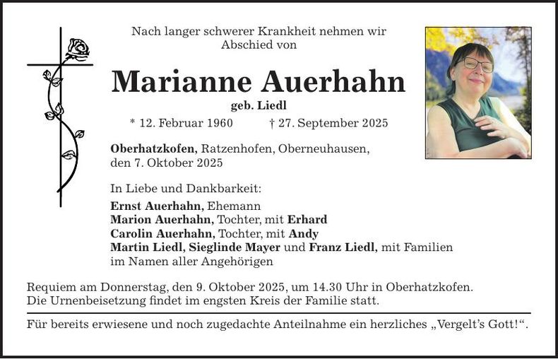 Traueranzeige Marianne Auerhahn