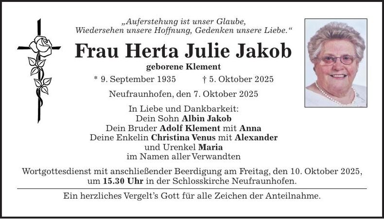 Traueranzeige Herta Julie Jakob