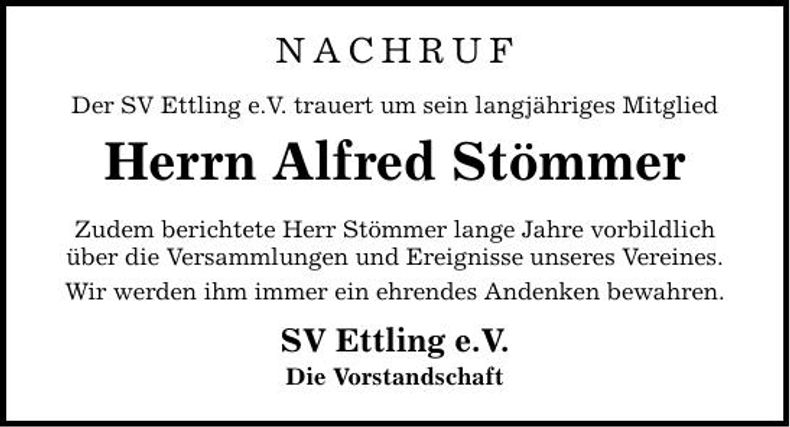 Traueranzeige Alfred Stömmer