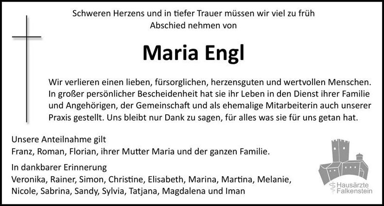 Traueranzeige Maria Engl