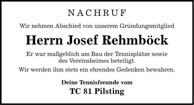 Traueranzeige Josef Rehnböck