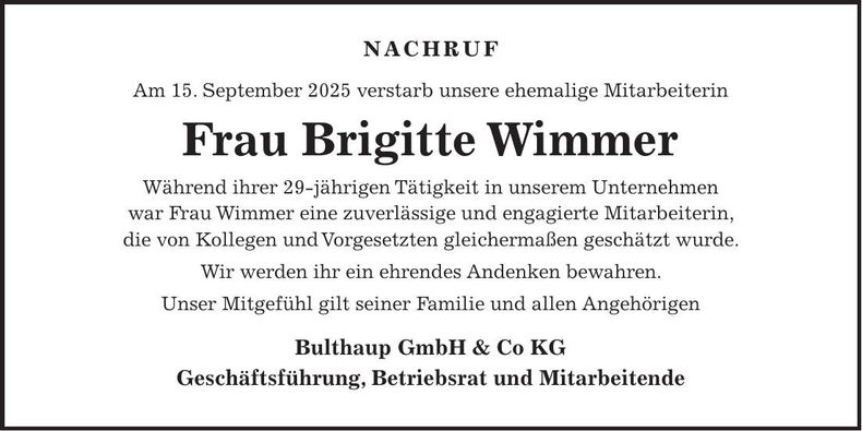 Traueranzeige Brigitte Wimmer