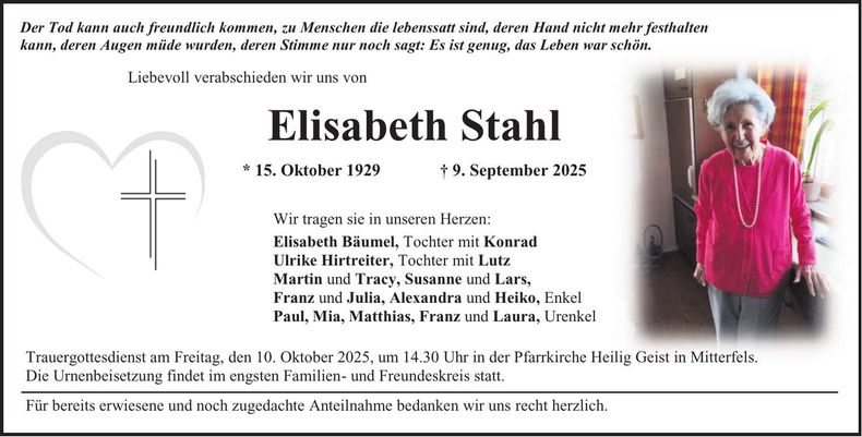 Traueranzeige Stahl Elisabeth