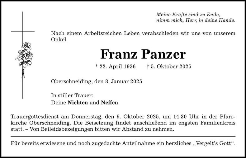 Traueranzeige Franz Panzer