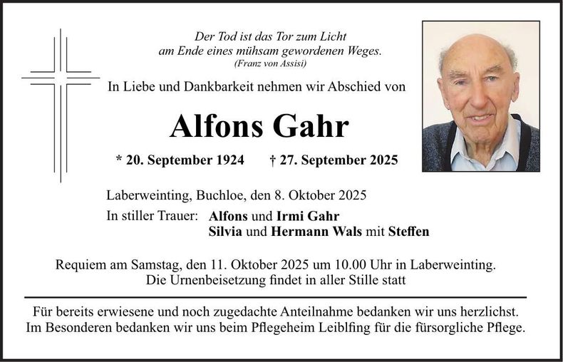 Traueranzeige Alfons Gahr