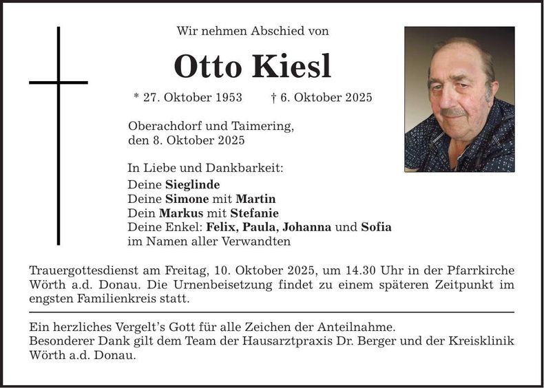 Traueranzeige Otto Kiesl
