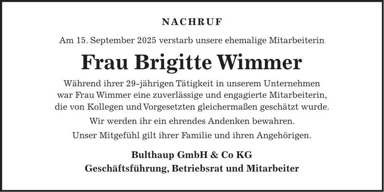 Traueranzeige Brigitte Wimmer