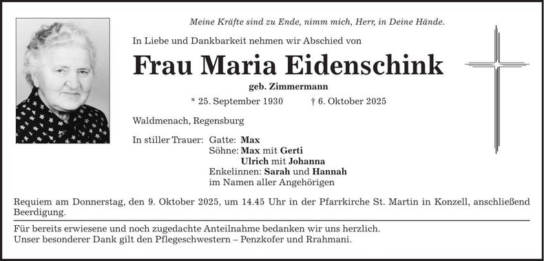 Traueranzeige Maria Eidenschink