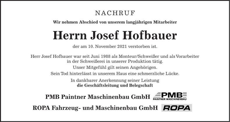 Traueranzeige Johann Steinberger