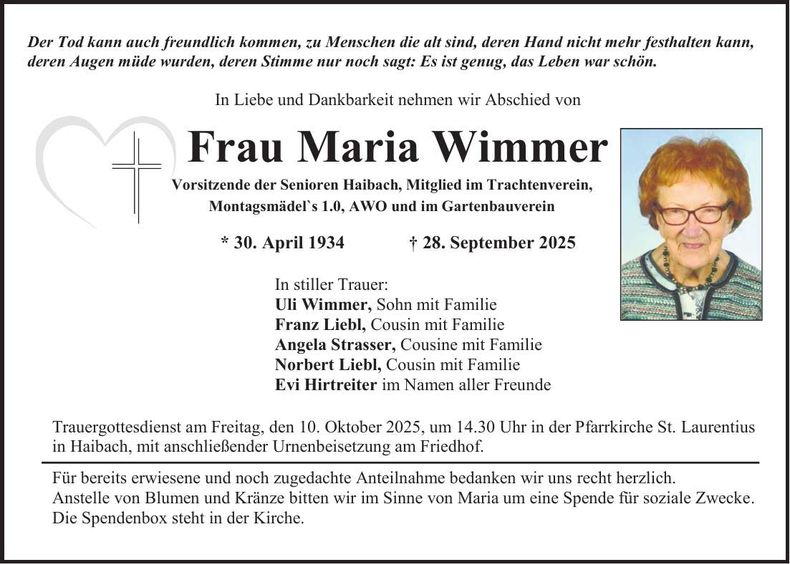 Traueranzeige Maria Wimmer